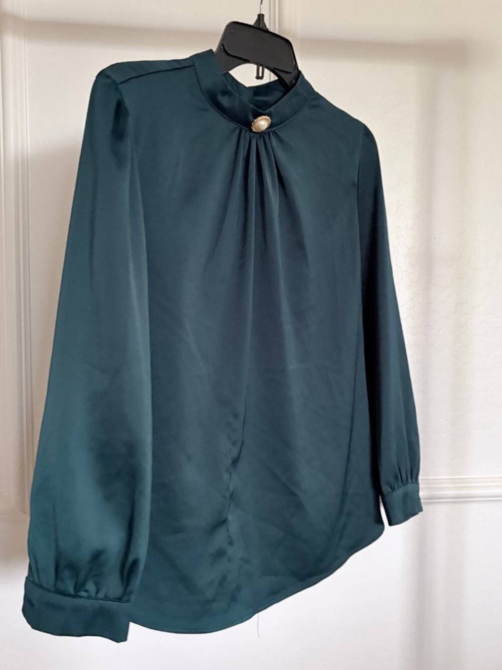 NWOT Dark Teal Satin Pearl Button Blouse size M